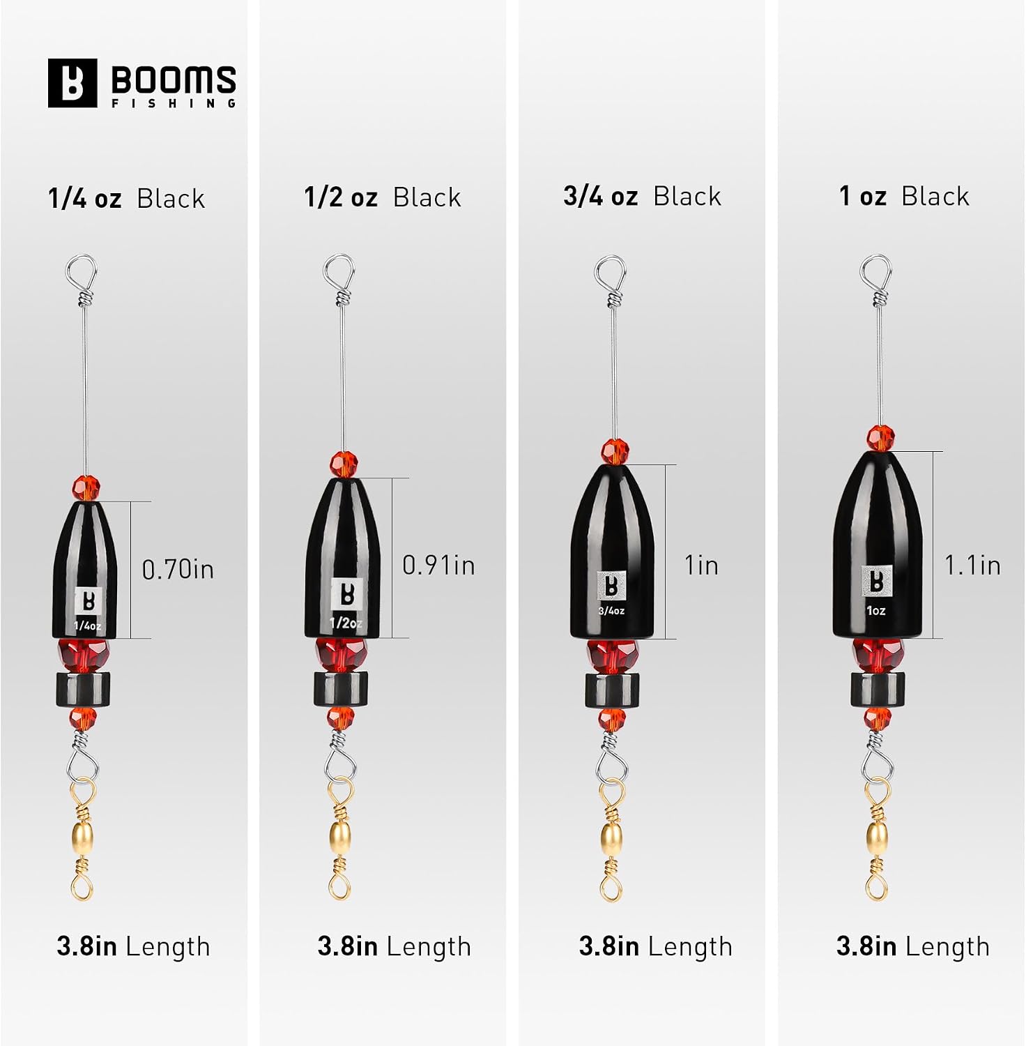 Booms Fishing CRR Carolina Ready Rigs for Bass Fishing Saltwater, 5pcs Brass Pre-Rigged Kit, Fishing Weights Bullet Weights Keeper, 4 Sizes 1/4oz 1/2oz 3/4oz 1oz