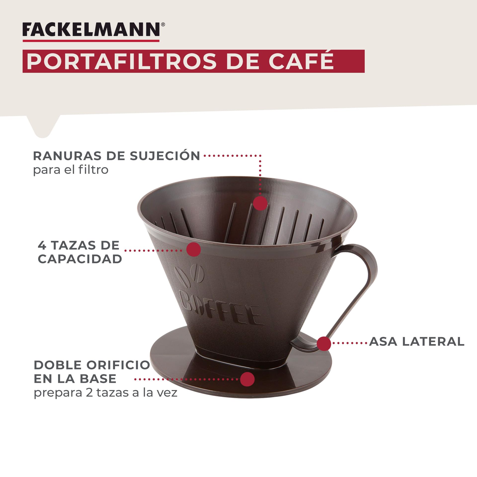 Fackelmann Filtro de Café Permanente, No. 4, Portafiltro, Filtro de Café para hasta 4 tazas, Filtro Reutilizable de Plástico, Marrón, 1 unidad