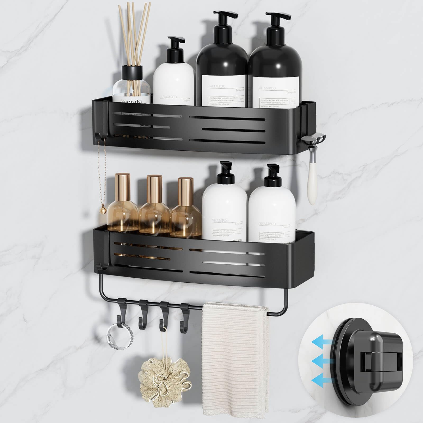 Onemake Suction Cup Shower Caddy 2-Pack Shelf Organizer for Bathroom Bathroom Suction Shelves with Portable Hooks Shower Caddies