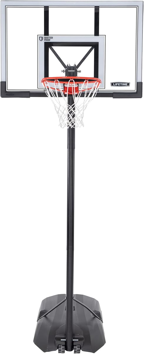 Aro de baloncesto portátil, tablero trasero de policarbonato irrompible de 50 pulgadas, altura ajustable de 8 a 10 pies, marco de acero, negro/transparente, borde Slam-It