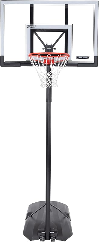 Aro de baloncesto portátil, tablero trasero de policarbonato irrompible de 50 pulgadas, altura ajustable de 8 a 10 pies, marco de acero, negro/transparente, borde Slam-It