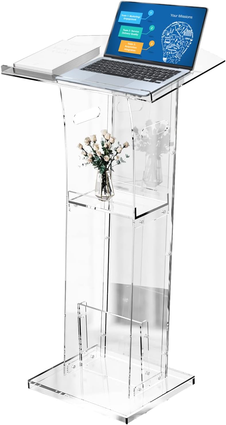 KScary Acraylic Clear Podium Stand with Storage Shelf,Plexiglass Pulpits for Churches,Conference,Speeches,Weddings,Classroom,Professional Presentation Podiums (23.6"W X 17.7"D X 47.4"H, Transparent)