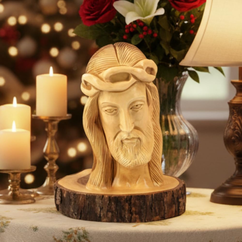 Bethlehem Handicrafts Wooden Bust of Jesus' Head Carved from Olive Wood in The Holy Land 5.9" Tall ; Jesus Statue Figurine