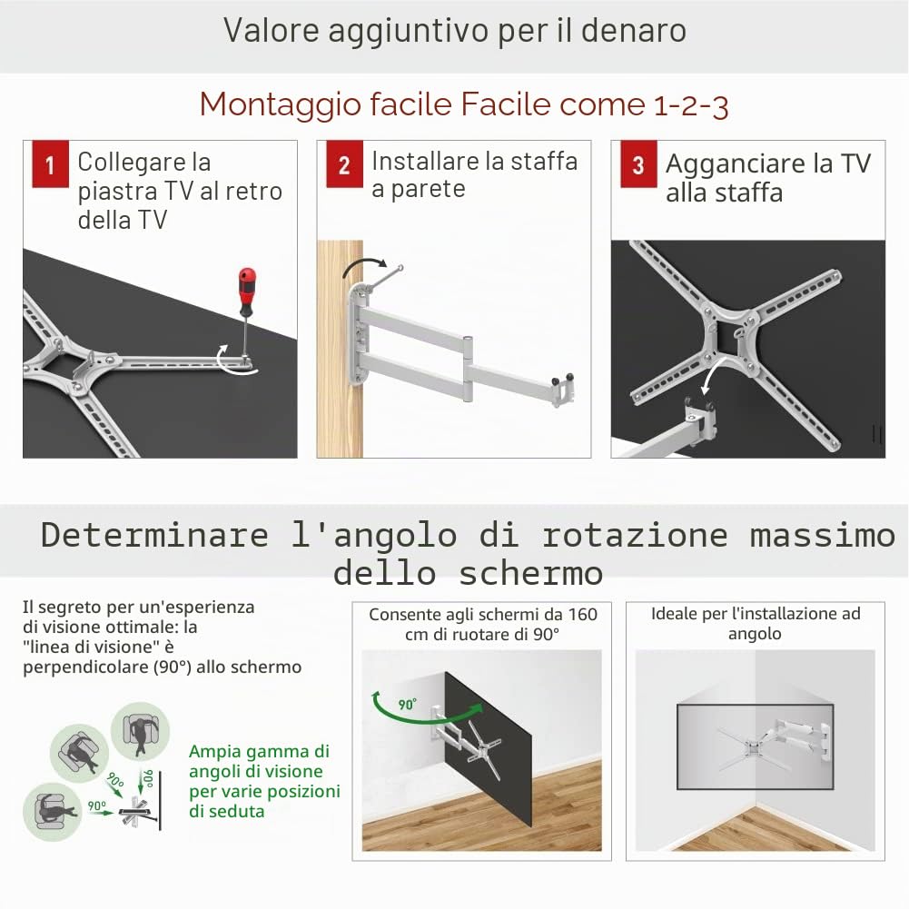 Barkan Supporto da parete per TV bianco lungo 76 cm, staffa per schermo piatto/curvo a 4 vie con movimento completo da 13-65 pollici, supporta fino a 36 kg, ultra estensibile, adatto a LED OLED LCD
