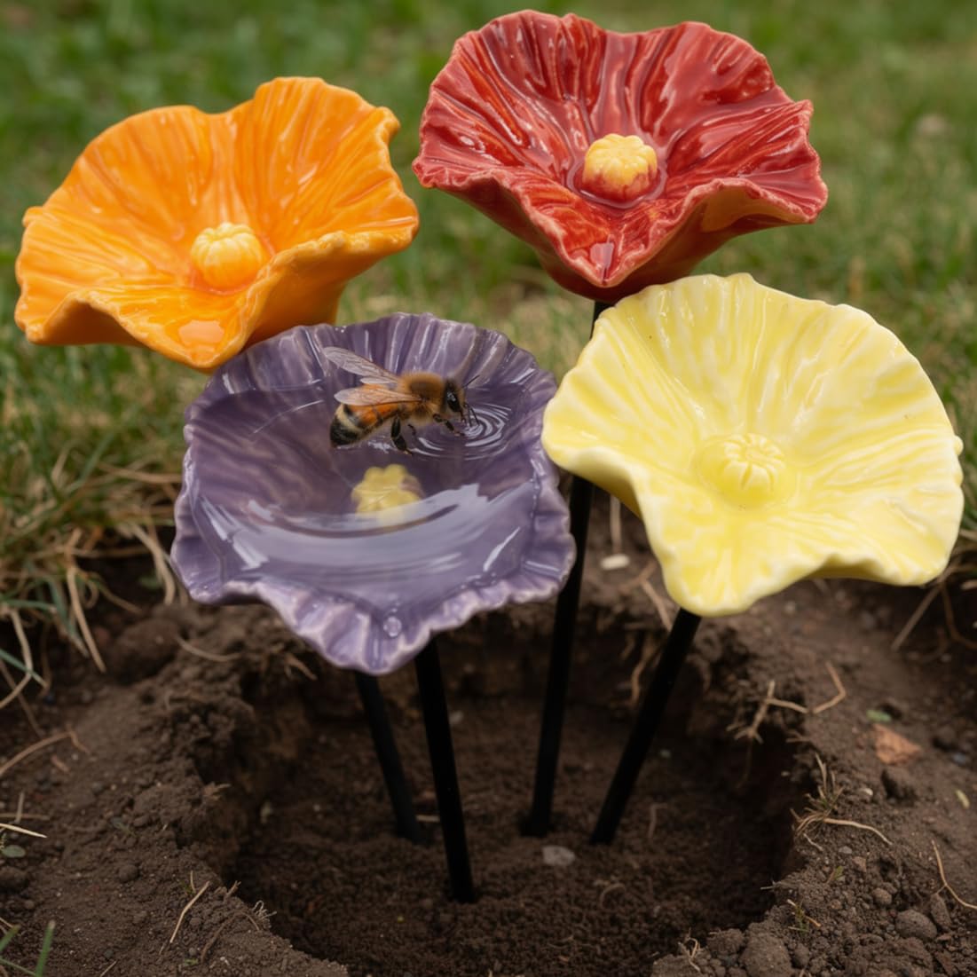 Handgefertigte Bienenblüten Keramik,4er/8er Set Bienentränke für den Garten,Wetterfeste Keramikblumen Gartenstecker für Bienen & Insekten,Farbige Wasserschale für Balkon & Beet,4pcs
