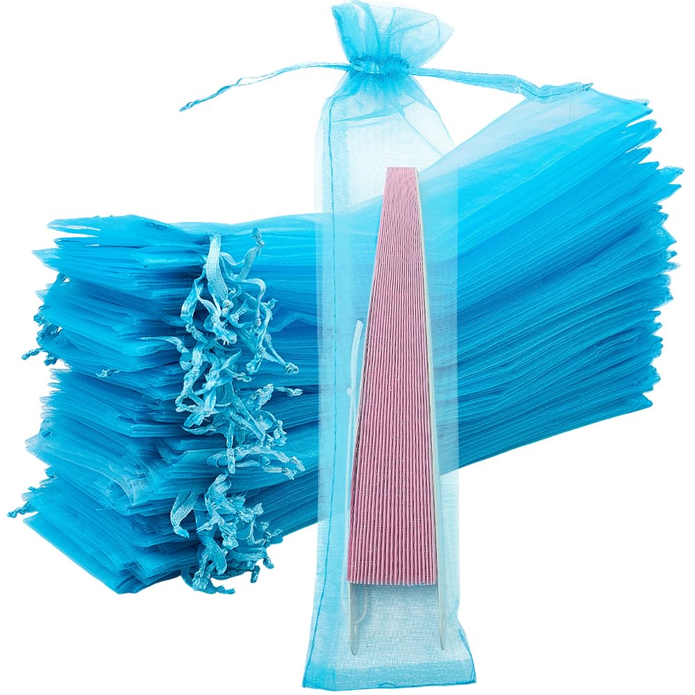 GORGECRAFT 100Pcs Organza Hand Fan Bags 26.5x5.5cm Folding Fan Drawstring Bag Decorative Long Mesh Tulle Pouch for Wedding Party Favor Gift Wrapping Jewelry Candy Pens Flowers Storage Deep Sky Blue โ image 1