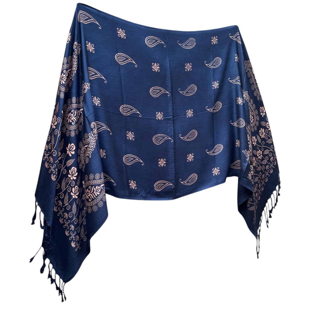 Women's Paisley Print Rayon Stole, 1.75 Metre Length, Navy Blue with Tassels, 28 Inch Width-image-23