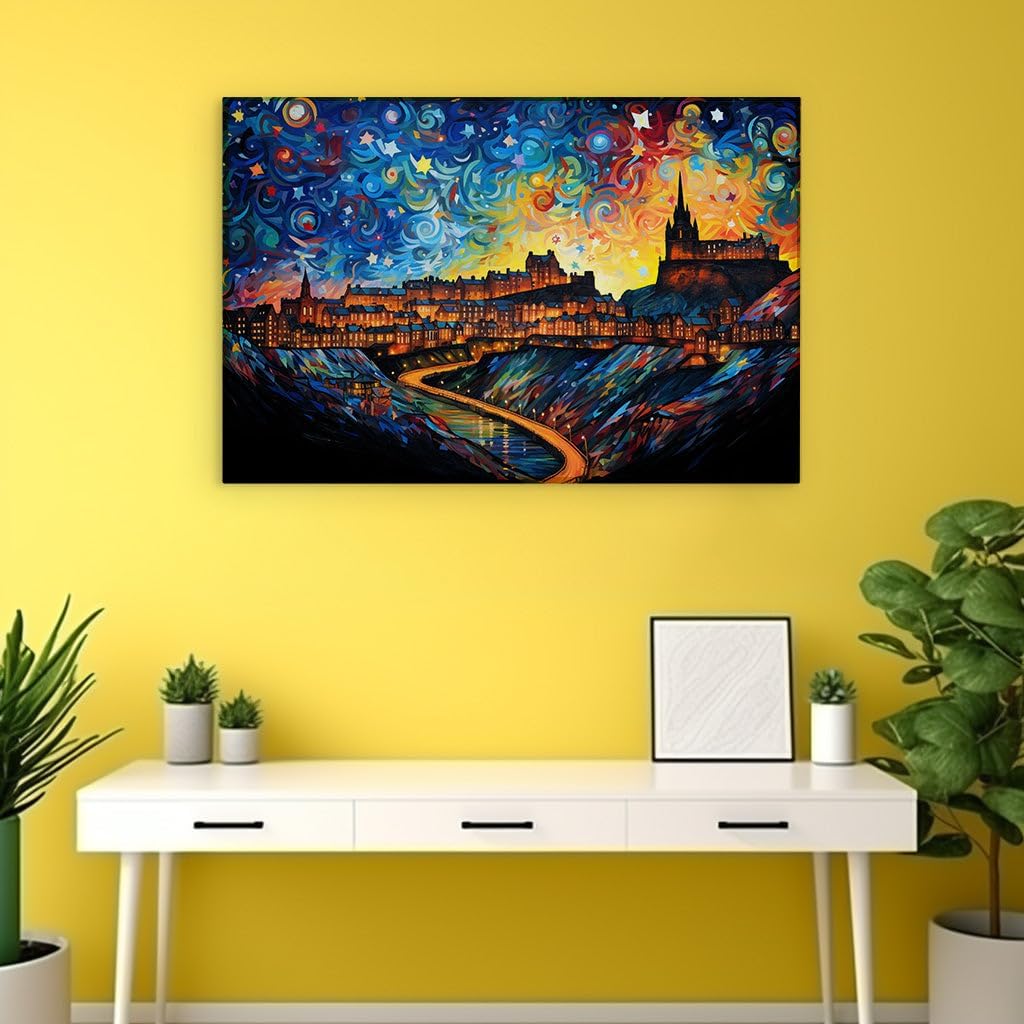 Canvas for Living room. Illuminating Dreamscape: A Nocturnal Vision of Edinburgh's City Lights and Starry Sky, 27 x 18 inch Canvas Wall Art - Ready to Hang
