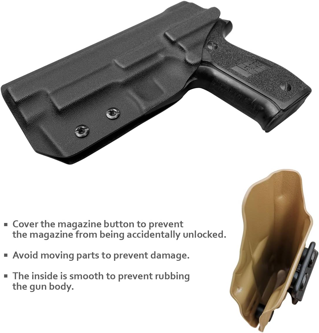 Sig P226 Holster IWB / OWB Kydex Holster Custom Fit: Sig Sauer P226 Full Size 4.4'' Barrel - Inside Waistband Concealed Carry / Outside Waistband Carry 1.5-2 Inch Belt Clip - Adj. Cant Retention - Cover Mag-Button - Widened Entrance - No Wear, No Jitter