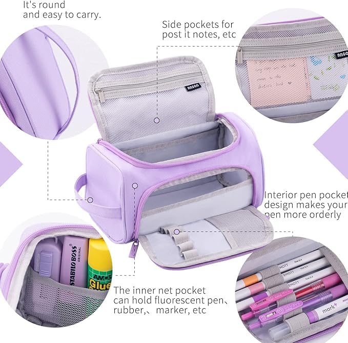 Image of Invite Enterprise Large Capacity Pencil Case High Large Storage Pouch Marker Pen Case Travel Simple Stationery Bag School College Office Organizer for Teens Girls Adults Student (Purple)
