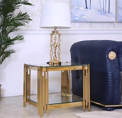 Miniatura 8 de SSLine Mesa auxiliar de vidrio templado,Mesa auxiliar cuadrada moderna con estante inferior,Mesas centrales de lujo con marco de acero inoxidable