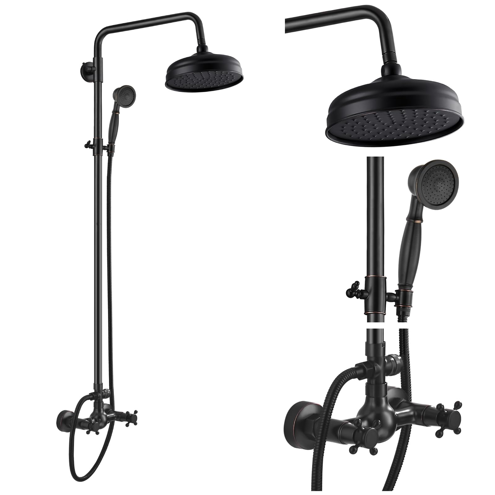 gotonovo Exposed Shower Faucet Set Oil Rubbed Bronze 8 Rain Shower Head 2 Double Knobs Cross Handle Shower System Combo Fixture Unit Set Dual Function