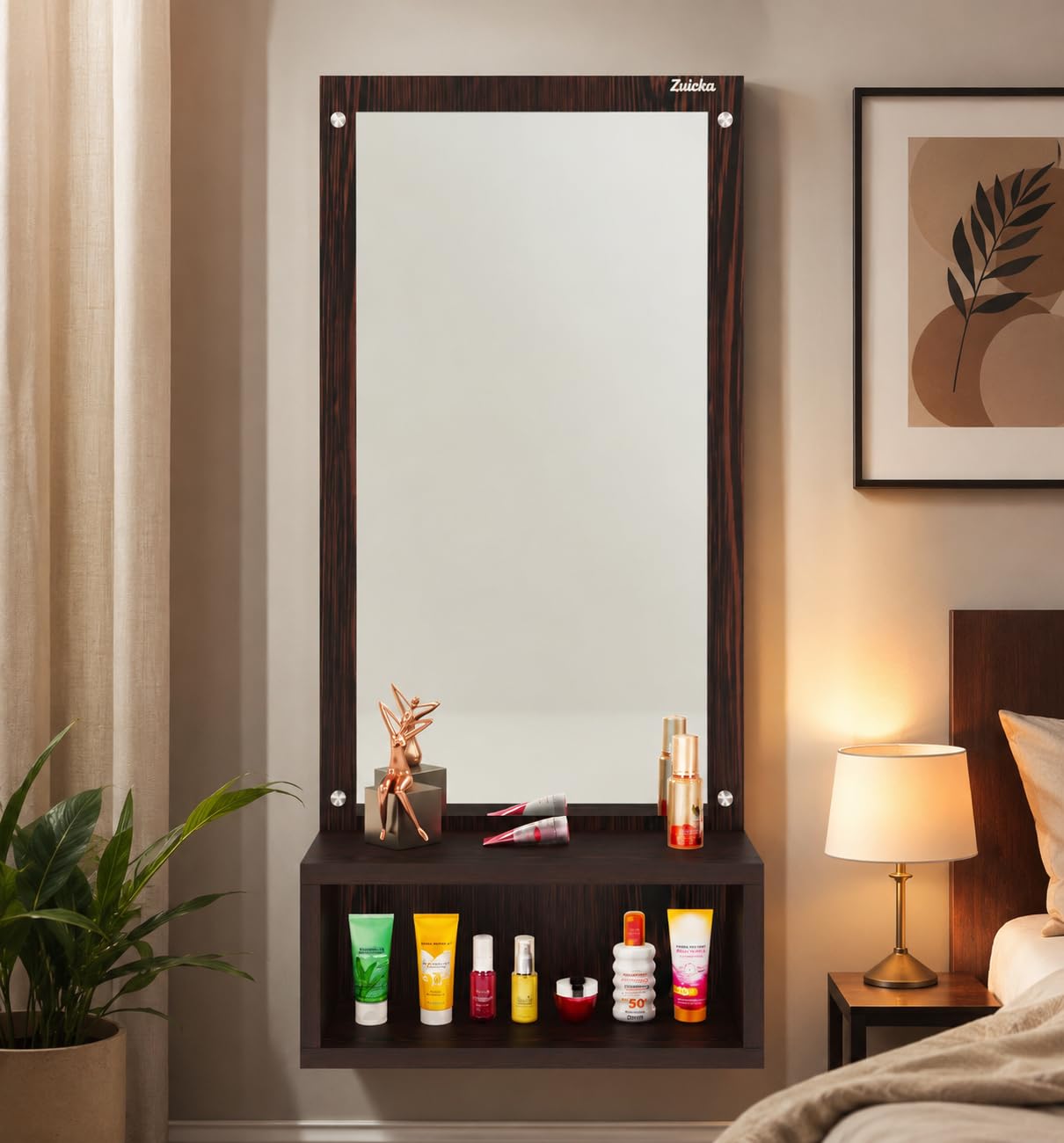 Zuicka Wall Mounted Dressing Table with Mirror and Storage Shelf, Dark Brown Wood Finish, 75 cm x 34 cm-picture-12