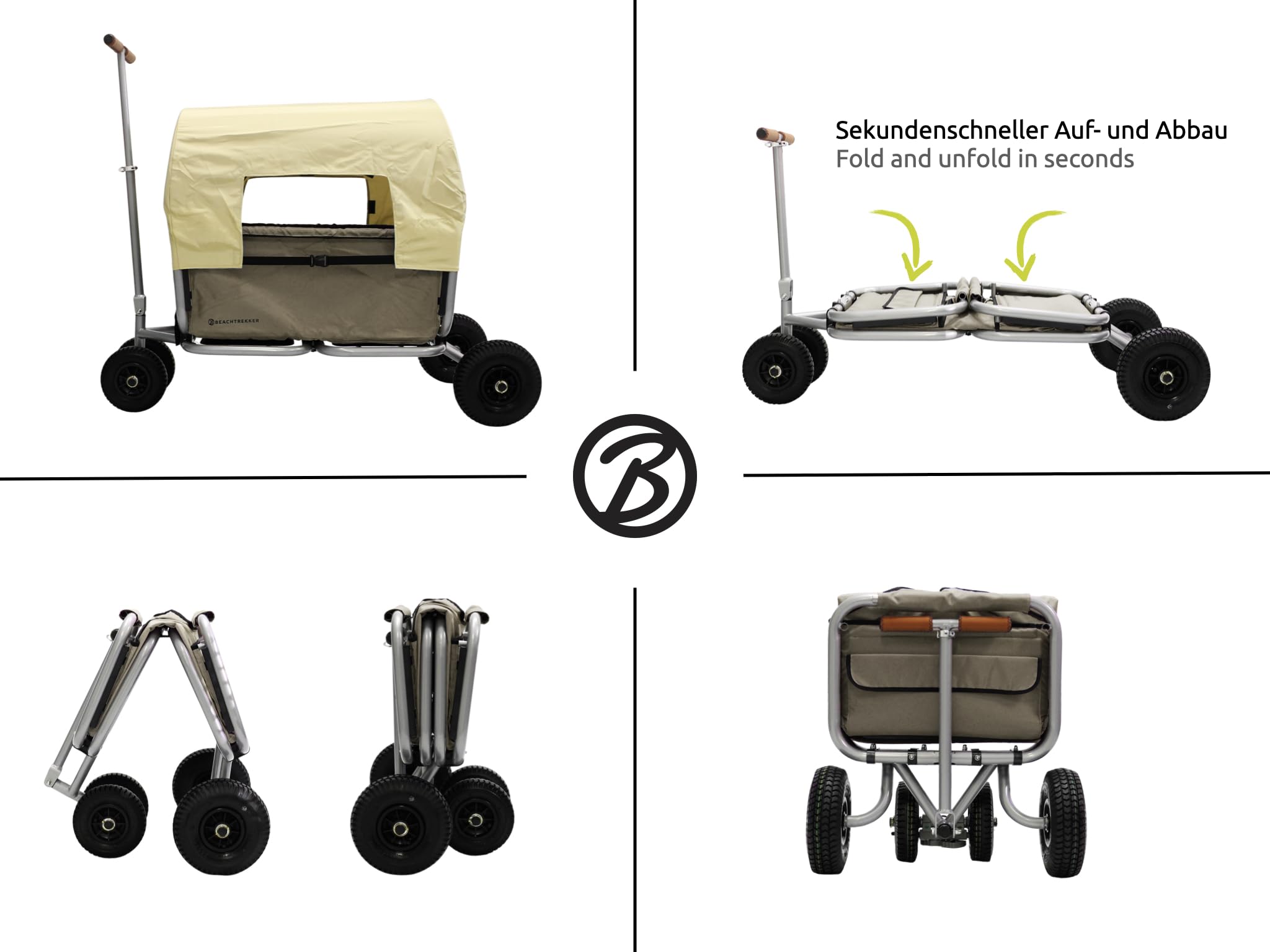 Beachtrekker Life Faltbarer Bollerwagen, klappbarer Handwagen + Feststellbremse + Sonnenverdeck (Luftreifen, Beige)