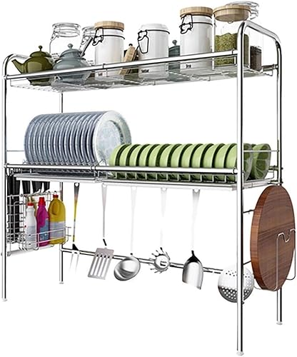 Escurridor de acero inoxidable de 2 niveles, escurridor para platos sobre el fregadero con bandeja de goteo, para colocar cuencos, platos,