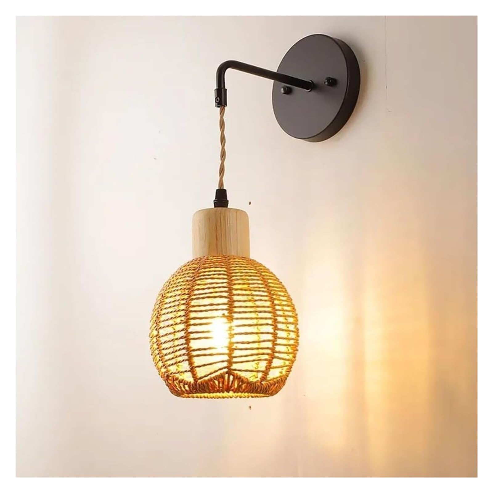ZXTIIEUF Rattan Wall Lamp Hand Woven Hemp Rope Shade Light Farmhouse Rustic Wicker Sconce V-intage E27 Lantern Lamps sconces(5.7in)