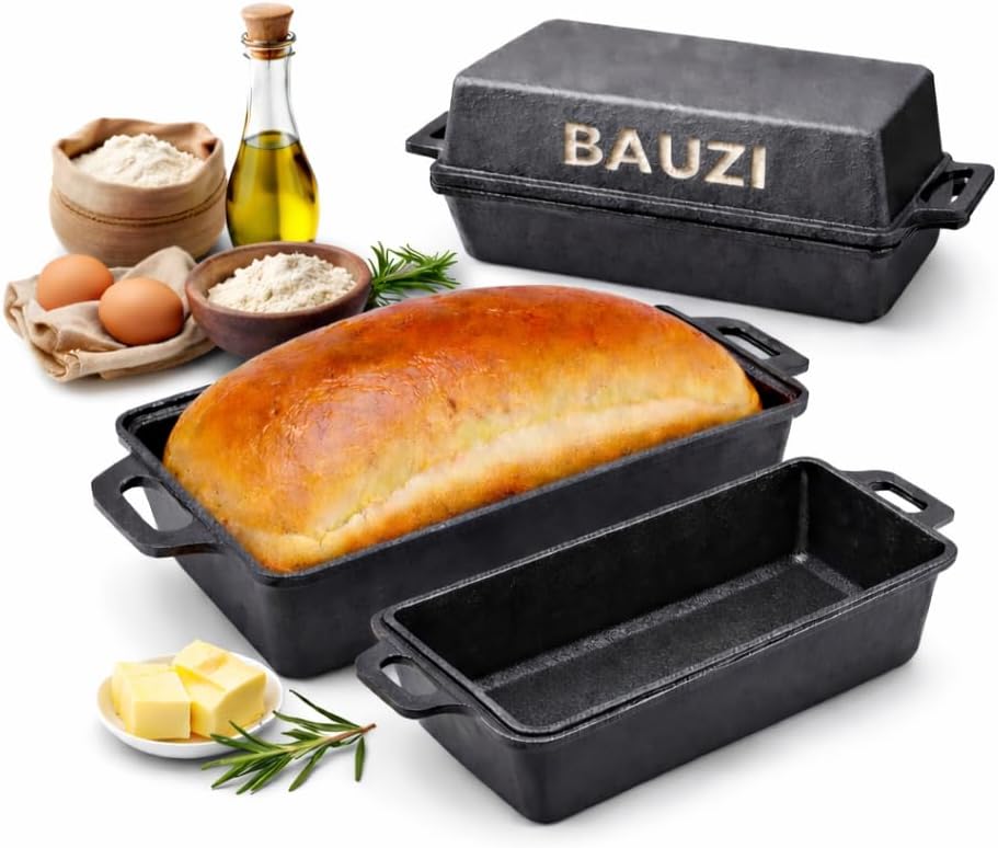 Bauzi 2Piece Set Large, Cast Iron Bread Loaf Pan with Lid, Heavy Duty Pullman Loaf Pan, Nonstick Bread Baking Pan for Sourdough, Sandwich Bread, Oven Safe