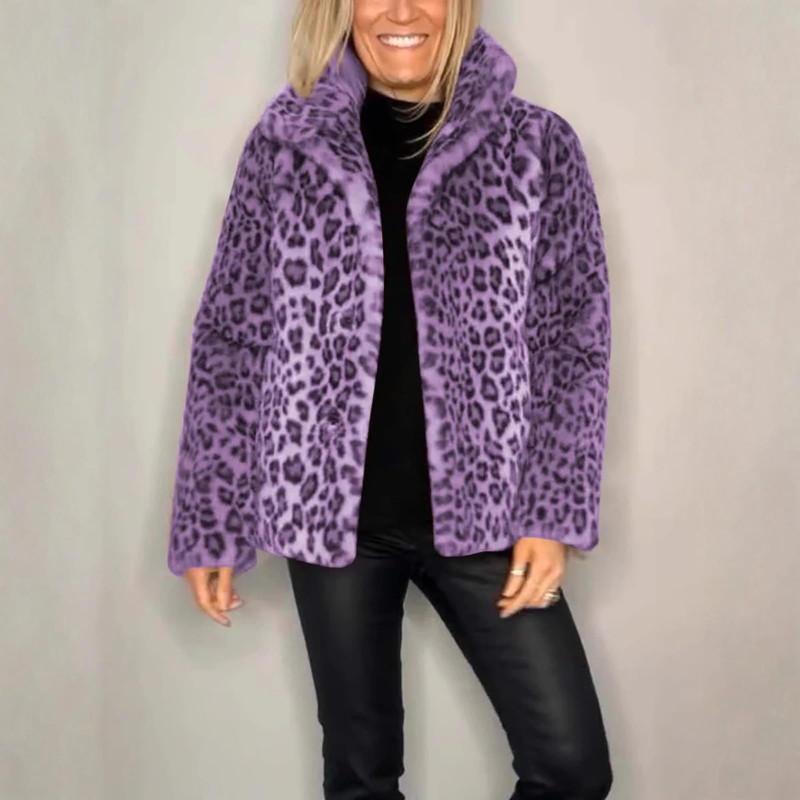 Fleecejacke Damen Ohne Kapuze Winterjacke Elegant Teddyjacke Winter Warm Plüschjacke Leopard Plüschmantel Langarm Flauschjacke Winddicht Damen-Jacken Kuschelig Winterjacken Casual Wintermantel
