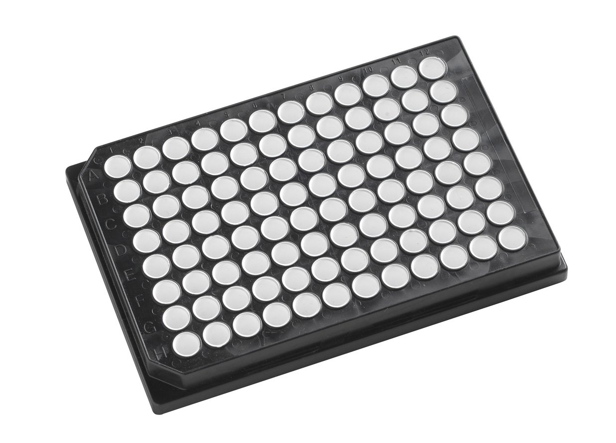 OPAQUE SOLID POLYSTYRENE ASSAY PLATES, 96-Well Microplates - 350µl well volume , 96 well 350uL Black with White wells