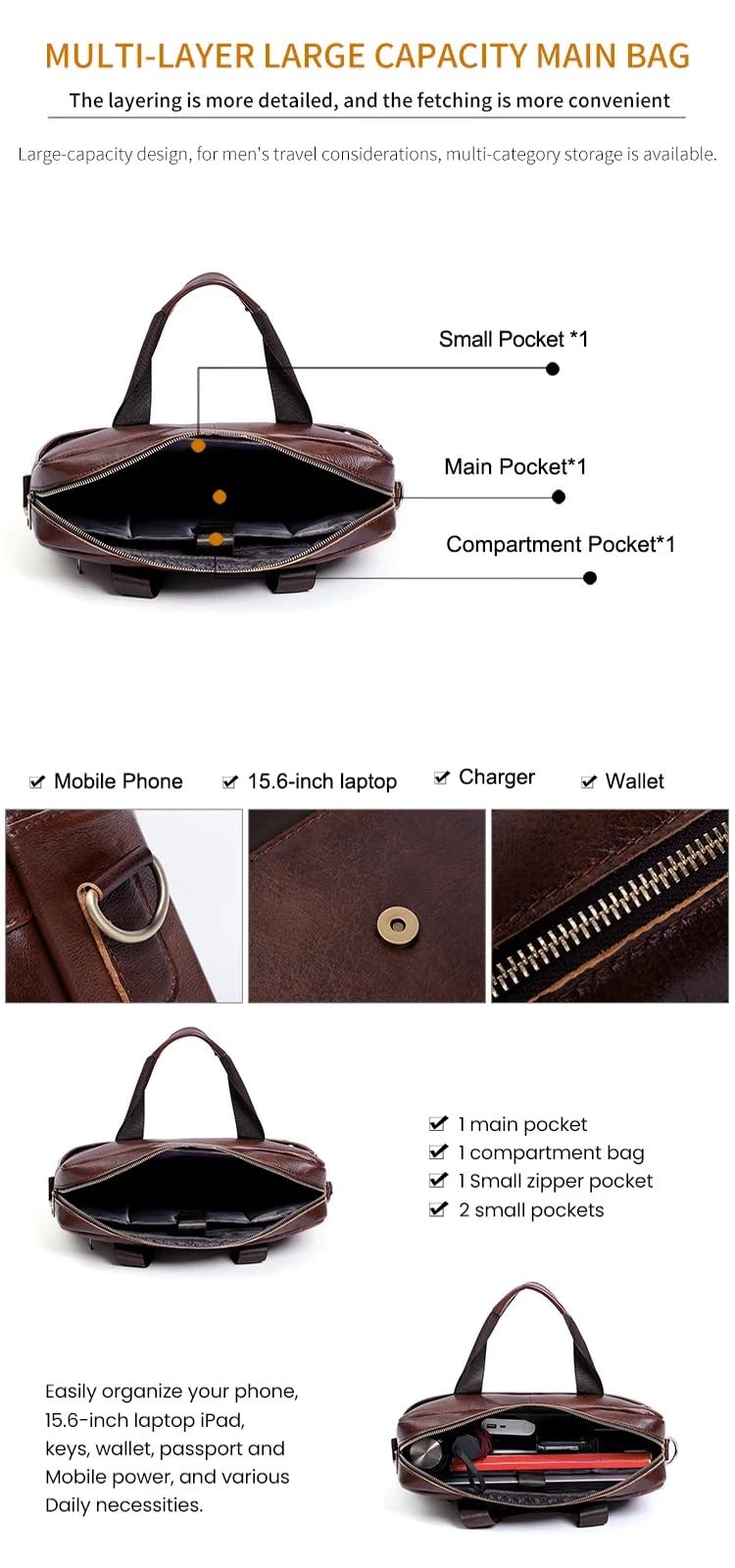 Borsa a tracolla in vera pelle per computer portatile, qualità premium, design spazioso, opzioni di trasporto versatili