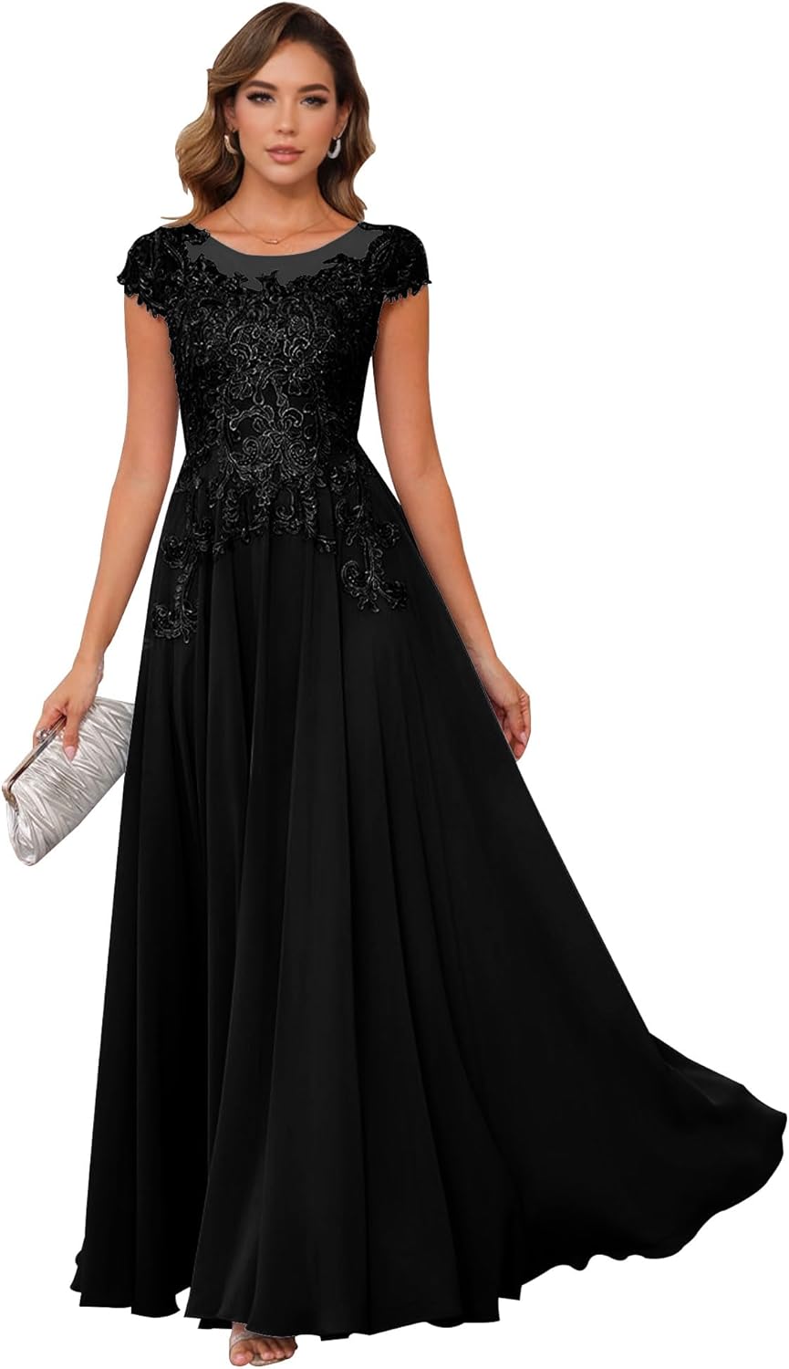 AKLASU Mother of The Bride Dresses Chiffon Lace Applique Short Sleeve Mother of The Groom Dress Long Formal Dress with Pocket