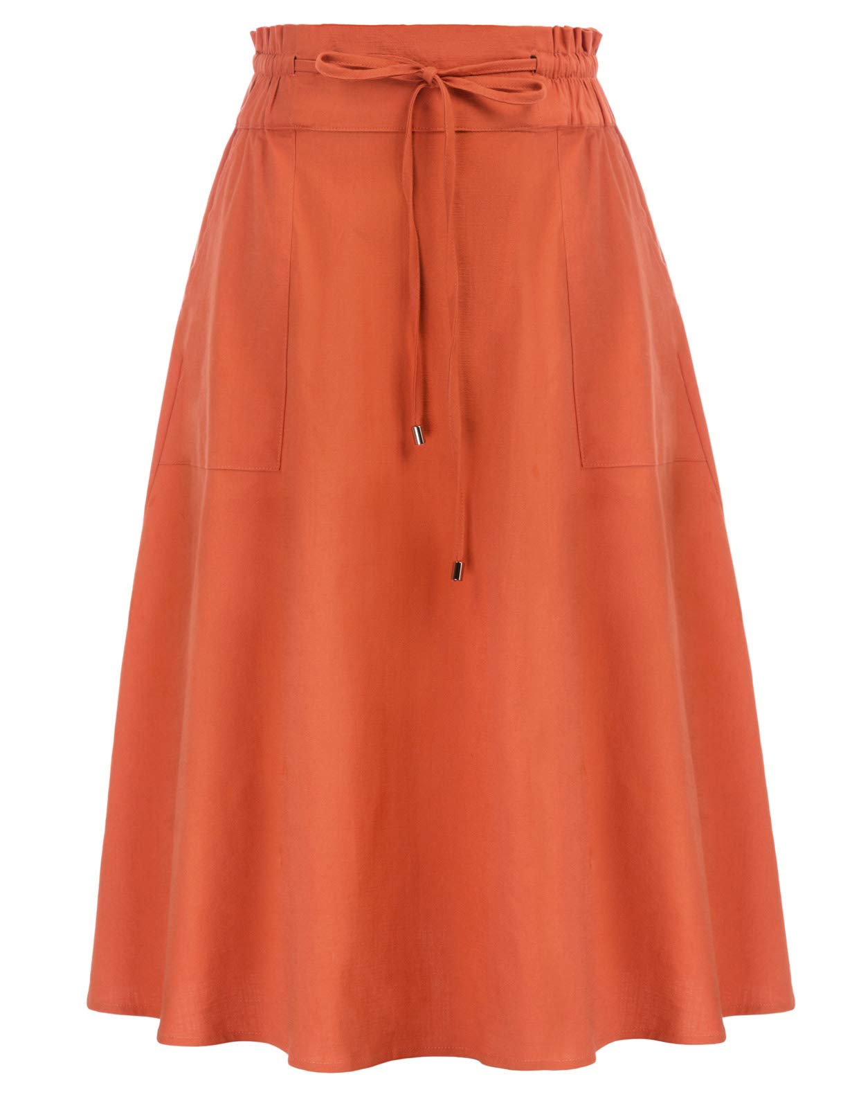 KANCY KOLEWomen Casual Cotton Linen Skirts Frill Tie Waist A-Line Midi Skirt with Pockets S-XXL