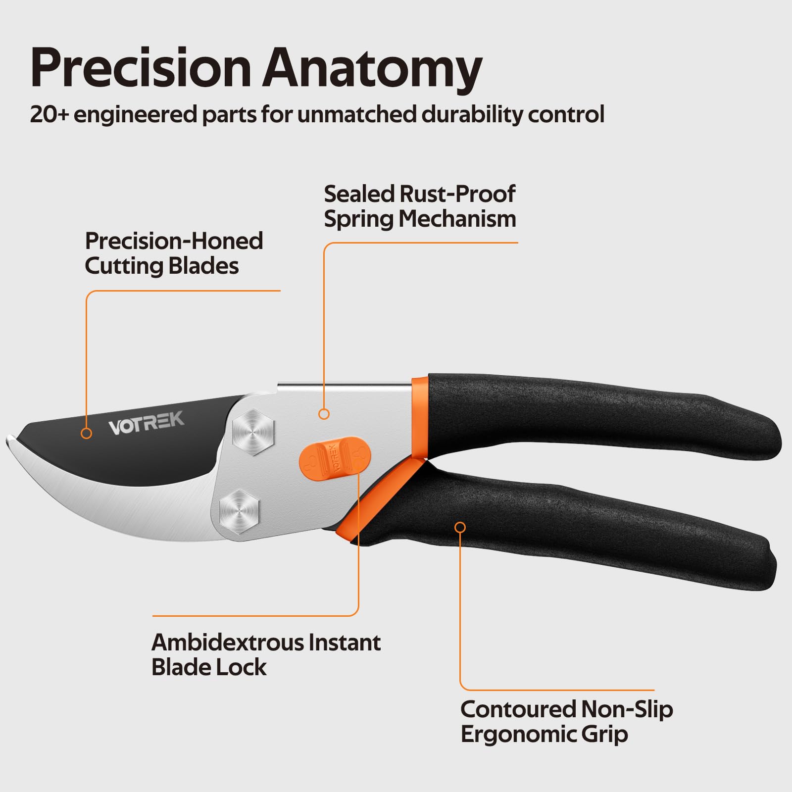 VOTREK® Bypass Garden Secateurs, 8.5" Professional Pruning Shears, Heavy Duty Hand Pruners Gardening Scissor for Fresh Branch Plant Flower Bonsai, 【SK5 Steel Blade】【Ergonomic Handle】【Built-in Spring】 — view 8