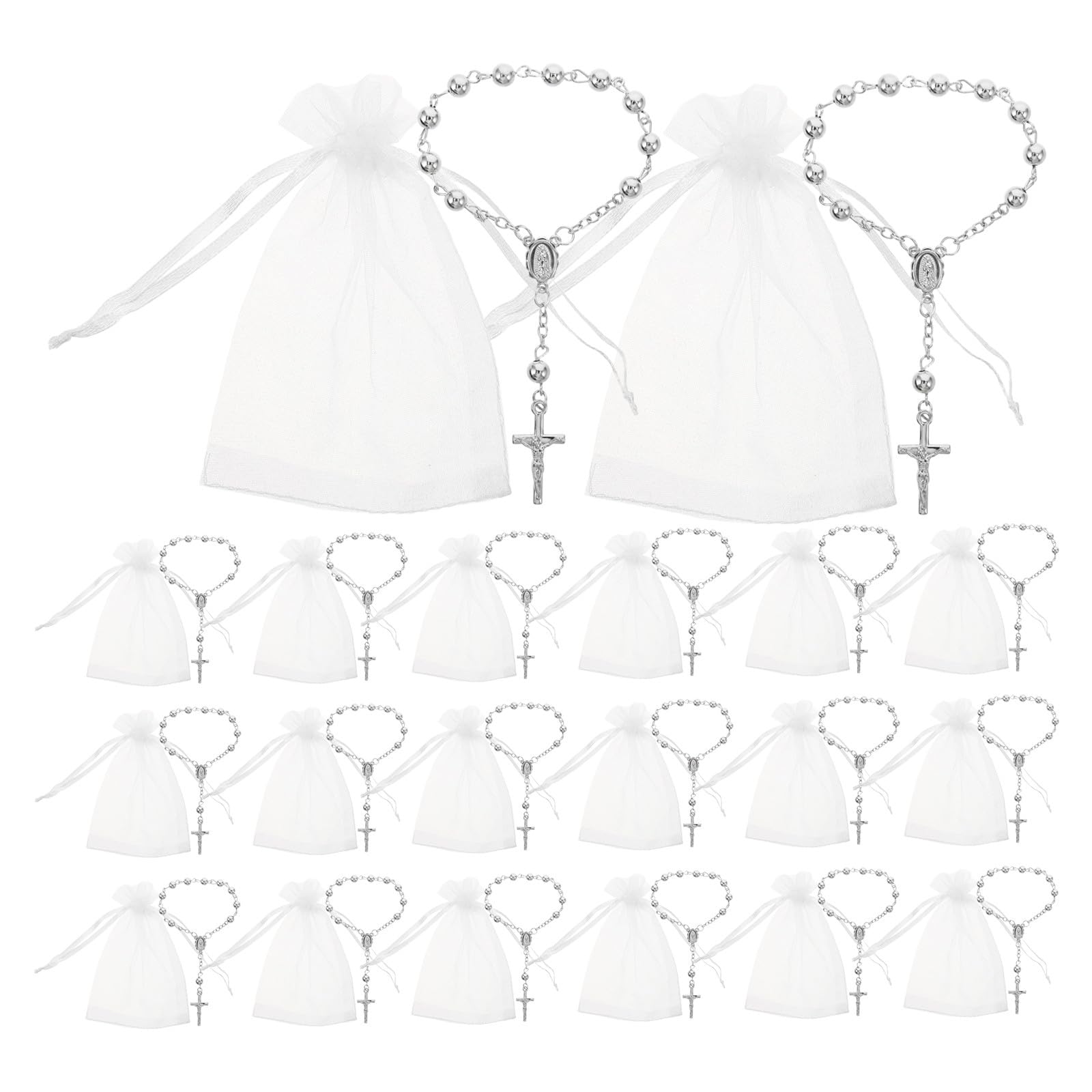 Lurrose Set de 25 Rosarios para Bautismo - Mini Rosarios - Recuerdos para Eventos Religiosos con Bolsa de Organza para Bautizos, Comuniones y Ceremonias Católicas