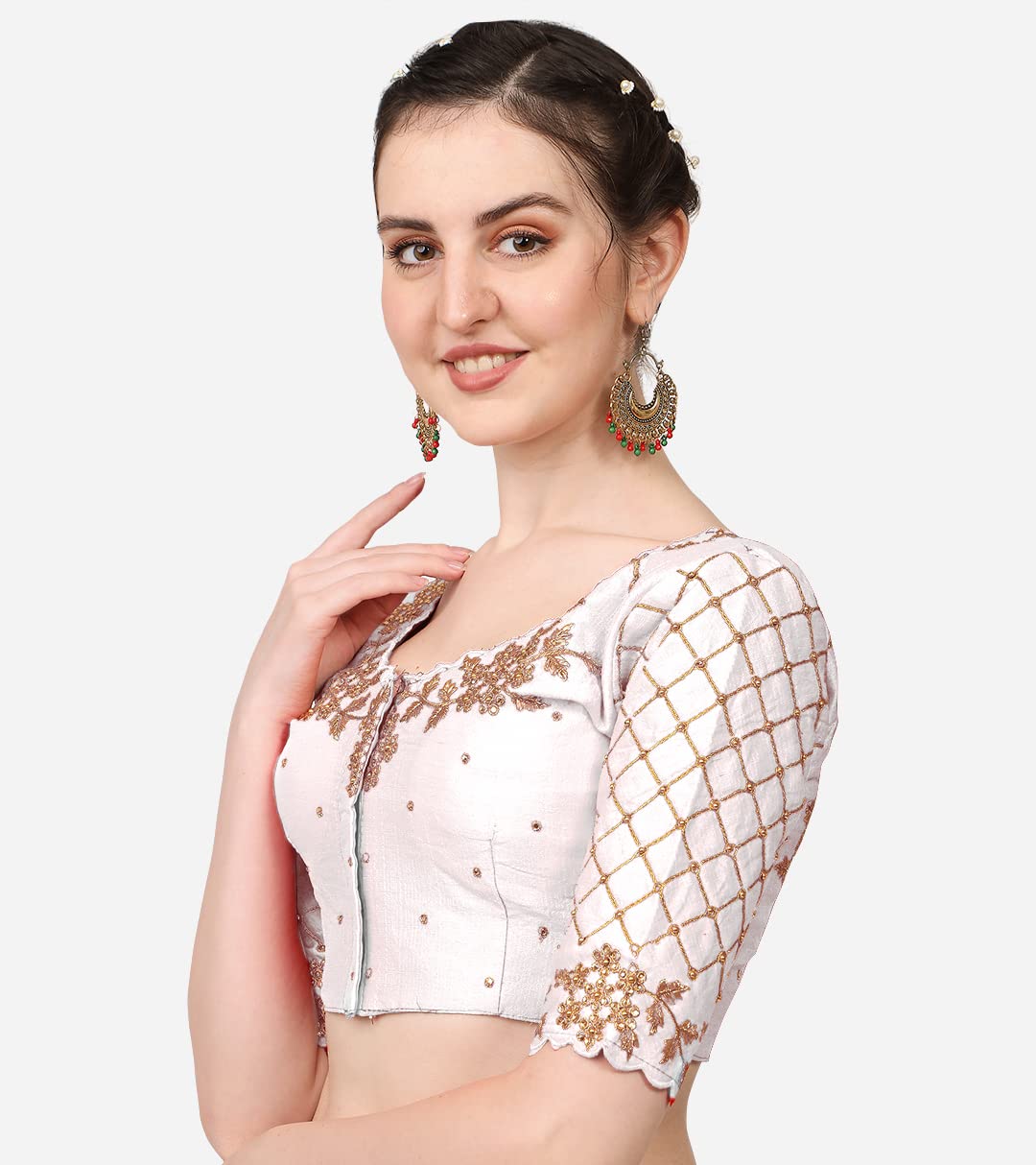 Pujia Mills Women's Embroidery Handwork, Rough Cut Work Stone Work Readymade Blouse (32, White)