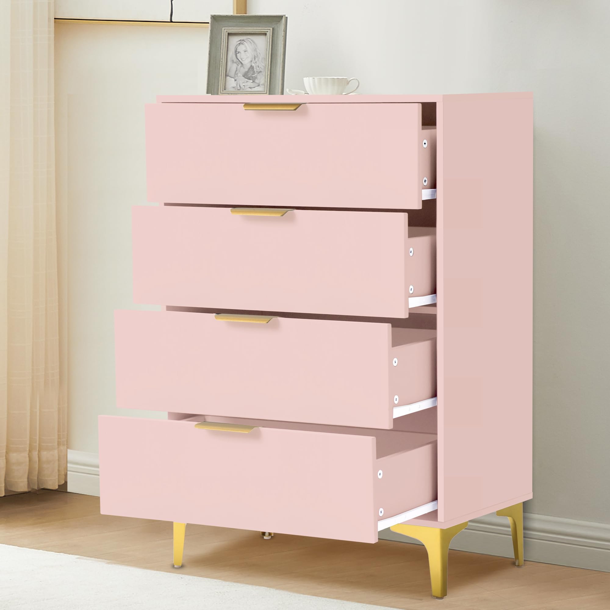 YOCONYO 4 Drawer Dressers for Bedroom, Wood Dresser with Golden Handles, Storage Chest Cabinet Organizer Unit, Chest of Drawers for Living Room,