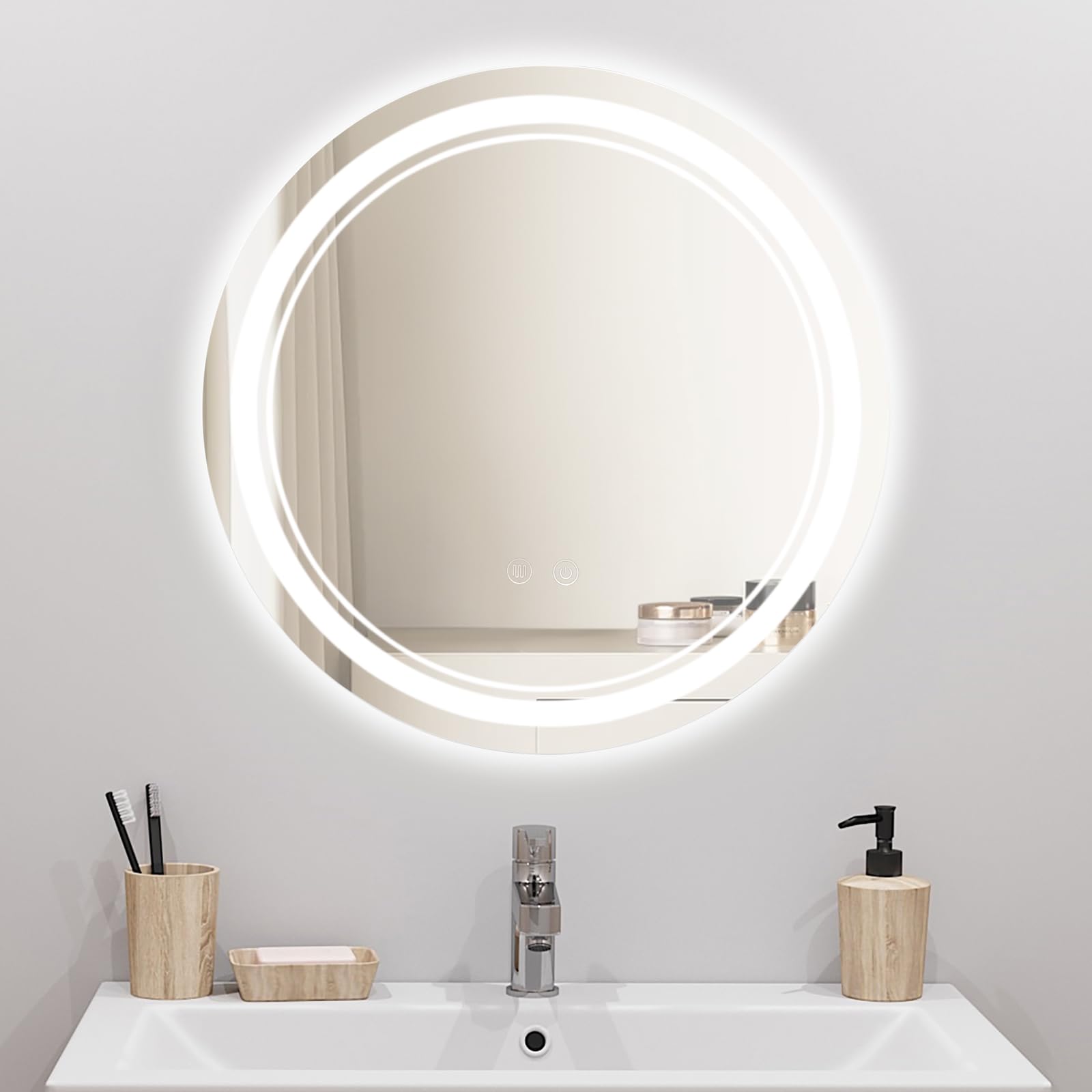 50 cm Runder Dimmbar LED Spiegel Bad mit Beleuchtung mit Memory und Antibeschlagfunktion, Touch-Schalter, 3 Lichtfarben einstellbar (3000K–6000K), Badezimmerspiegel für Make-up und Rasur