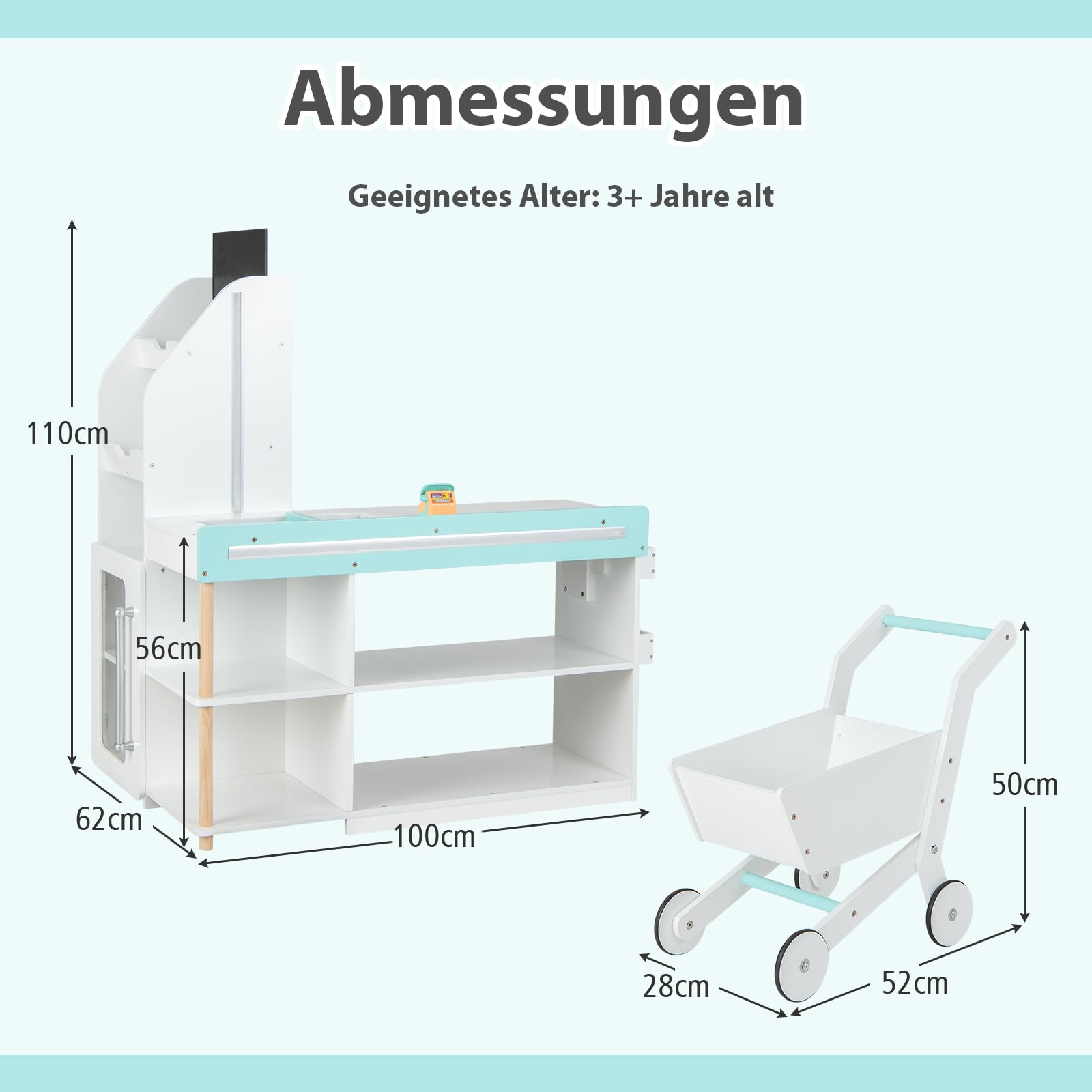 COSTWAY Kaufladen Kinder mit Einkaufswagen, Einkaufsladen Holz mit Kasse & 39 Zubehör & Tafel & LED-Lichter & Fernbedienung, Supermarkt Spielzeug für Kinder ab 3 Jahren