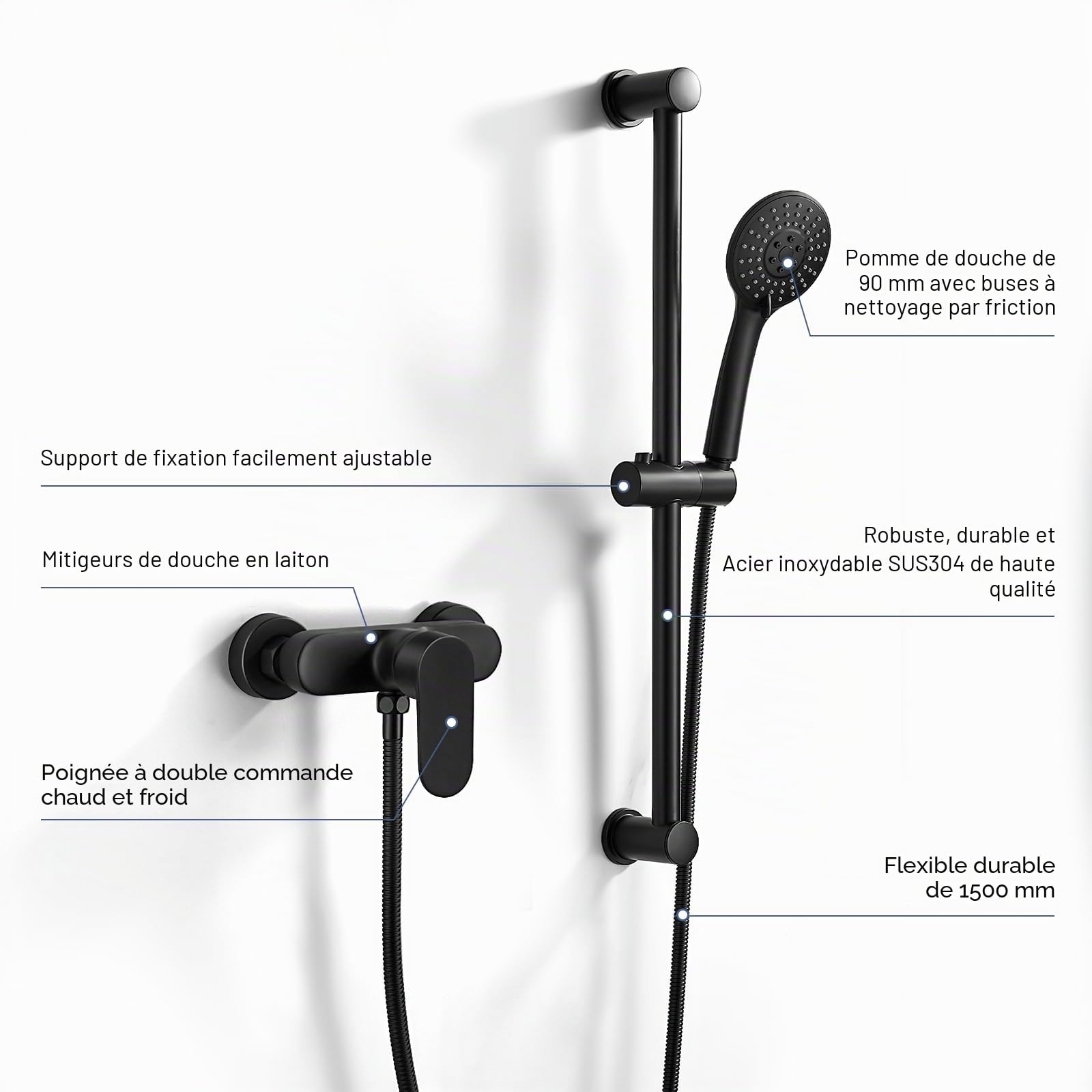 Mitigeur Monocommande Douche Noir, Robinet Mitigeur de Douche Mural avec Barre de Douche RéGlable 635mm, Douchette à Main, Flexible 150mm