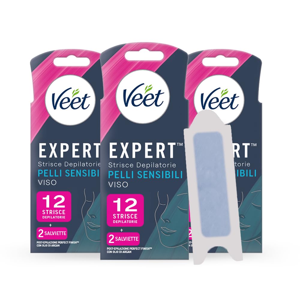 Veet Expert Facial Hair Removal Strips, Waxing for Sensitive Skin with Almond Oil, Dermatologically Tested, 3 Packs of 6 x 2 Strips + 6 Post-Epilation Wipes with Argan Oil