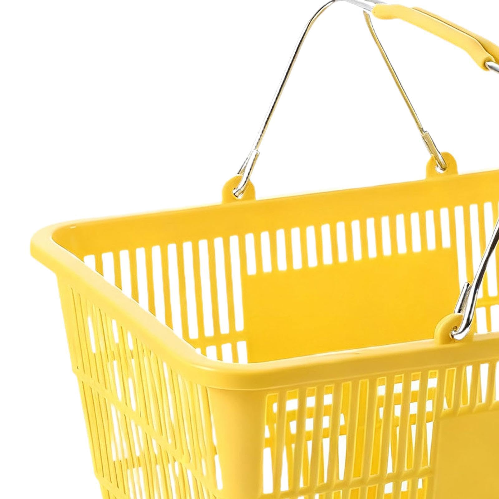 Panier de Courses avec Poignée Métal, Panier Supermarché en Plastique Renforcé, Grande Capacité, pour Commerce, Épicerie et Rangement Maison, Rectangulaire, 42x30 cm, Jaune