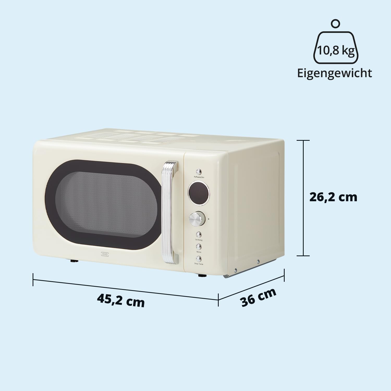 KHG Mikrowelle MW-20R2(C) 20L aus Metall in creme, 8 Automatikprogramme, 6 Mikrowellenleistungen, bis 1.200 Watt, inkl. LED-Anzeige, 60-Minuten-Timer, Drehteller und Kindersicherung