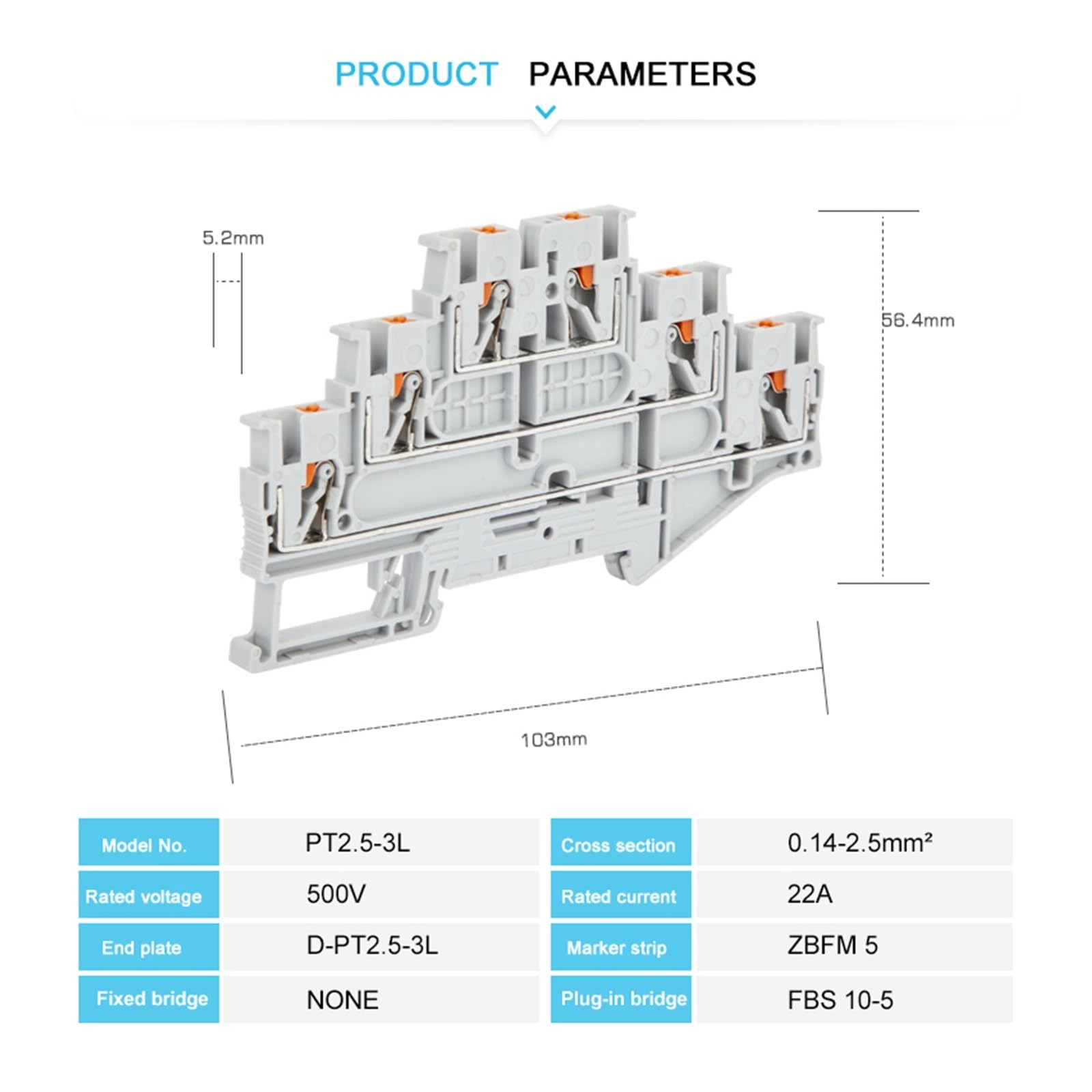 Connecteur de câblage enfichable PT2.5-3L, 10 pièces, Triple 3 niveaux, câble 2.5 mm², électrique .5mm, bornier sur Rail Din PT(PT2.5-3L-Orange)