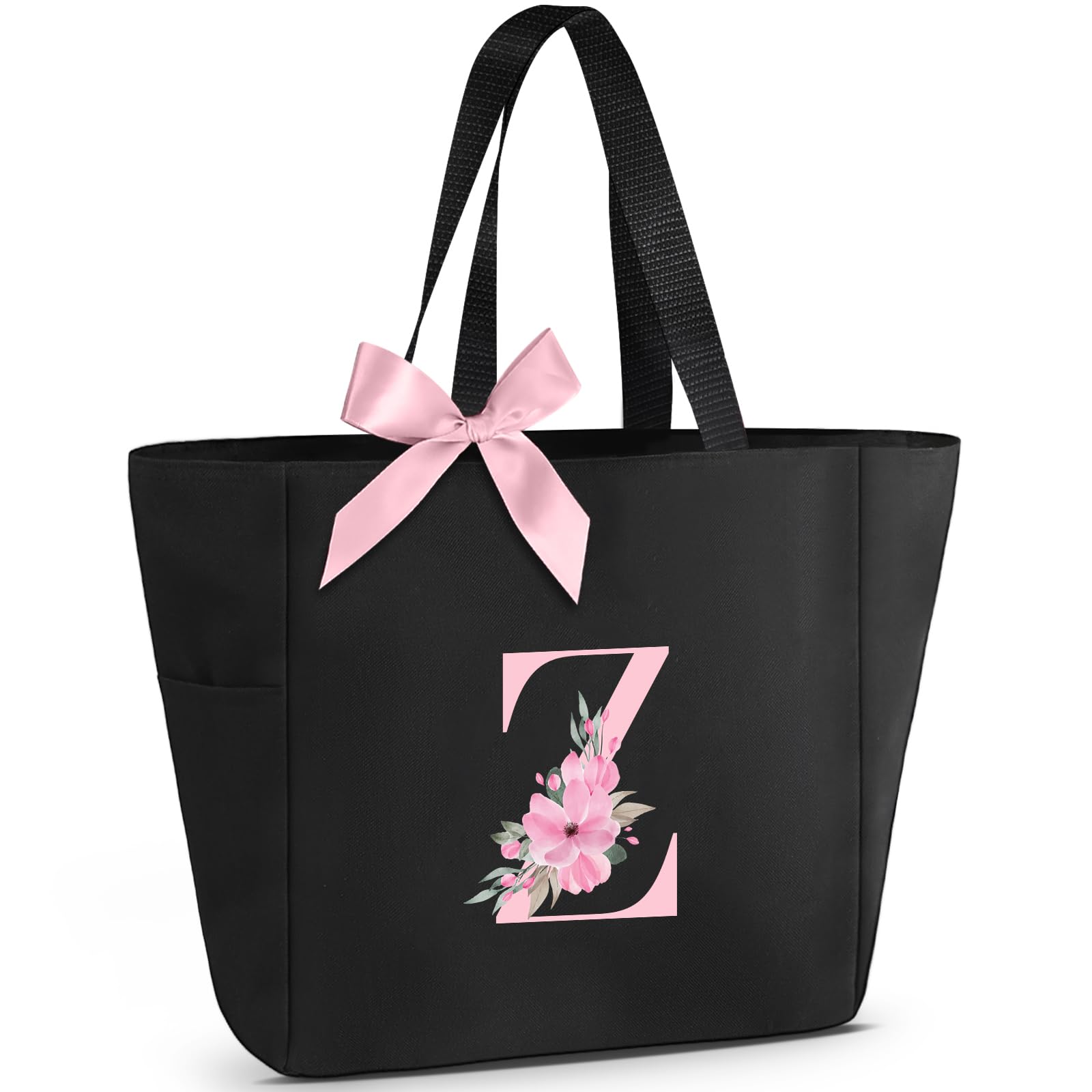 Vavabox Tote Bag, A-Z Initial Monogrammed Waterproof Tote Bag, Bridesmaid Gifts for Women, Black and Pink