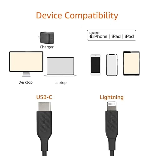 Miniatura 2 de Tienda Basics Cable USB-C a Lightning, cargador certificado MFi para Apple iPhone 131211, iPad, negro, 3 pies