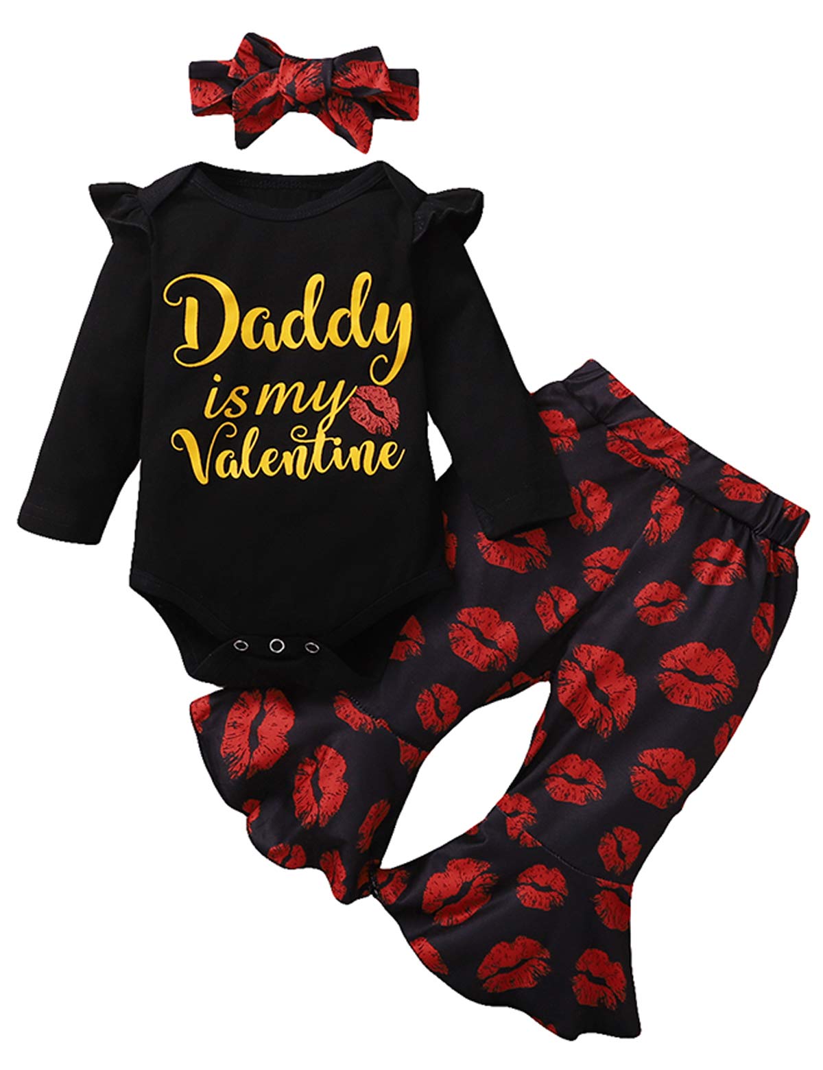 Aslaylme Baby Girls Valentine's Day Outfit Daddy's Little Valentine Bodysuit Kiss Flare Pants Outfit?Black,12-18 Months