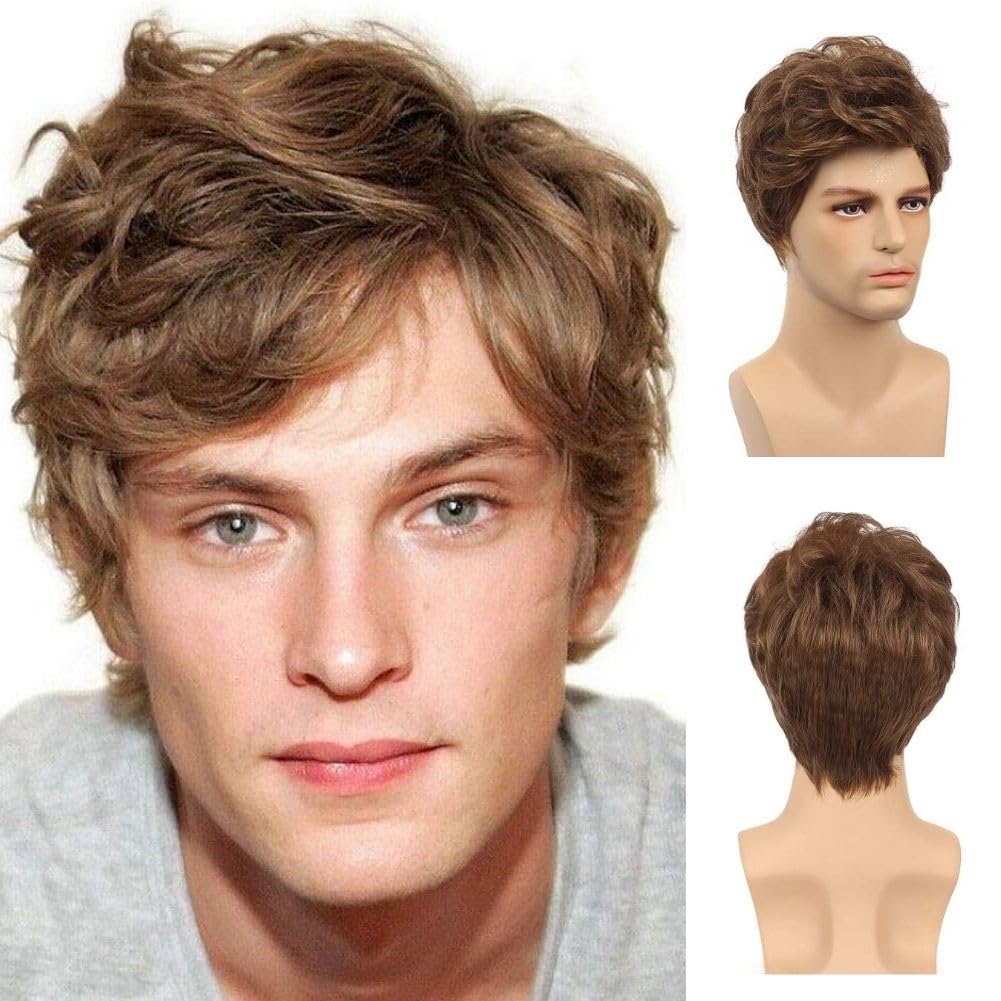 Salaibs Mens Brown Short Wig Side Part Natural Synthetic Male Hair Wigs for Daily Party Use