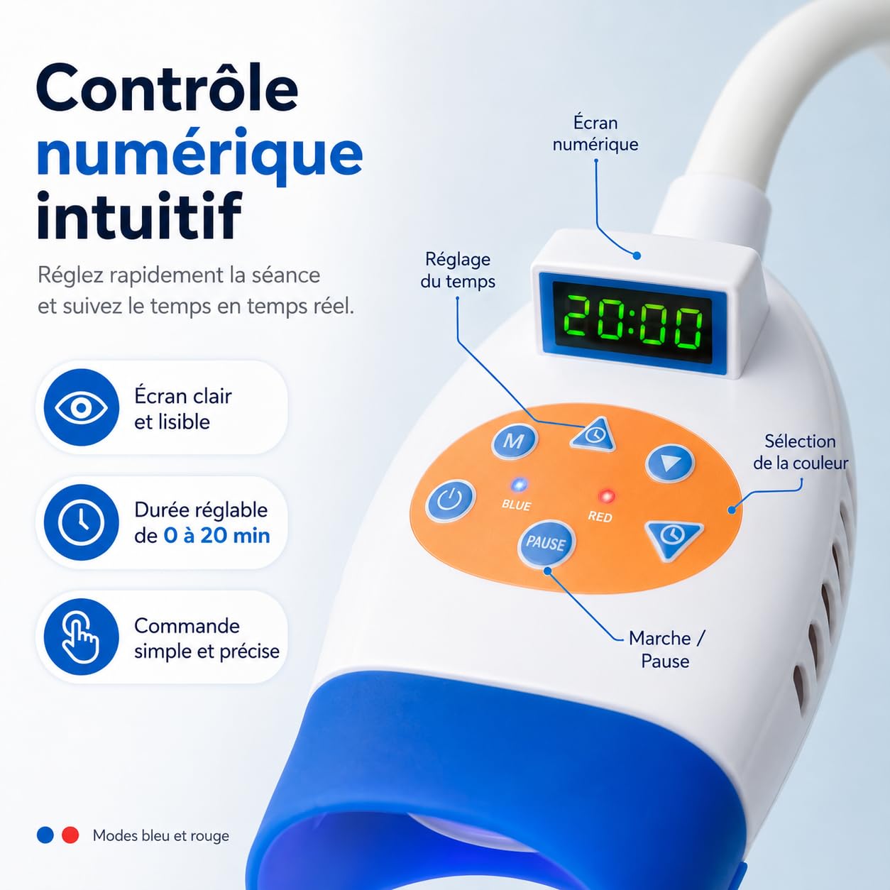 Lampe LED de Blanchiment Dentaire Professionnelle 36 W, Lumière Bleue et Rouge, Minuterie 0–20 Min, Angle Réglable, Appareil de Blanchiment des Dents pour Salon, Cabinet Dentaire et Institut de Beauté