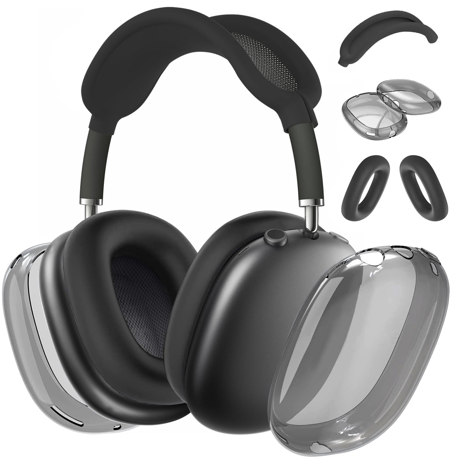 3 in 1 Silicone Case Cover for AirPods Max Headphones - Clear-Black Soft TPU Ear Cups Cover, Ear Pad Case Cover, Headband Cover - Transparent Accessories Silicone Protector
