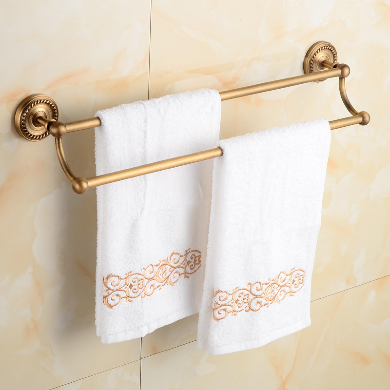 Bathroom All-Copper Antique Hardware Pendant Storage Rack, Double-Handle Towel Rack