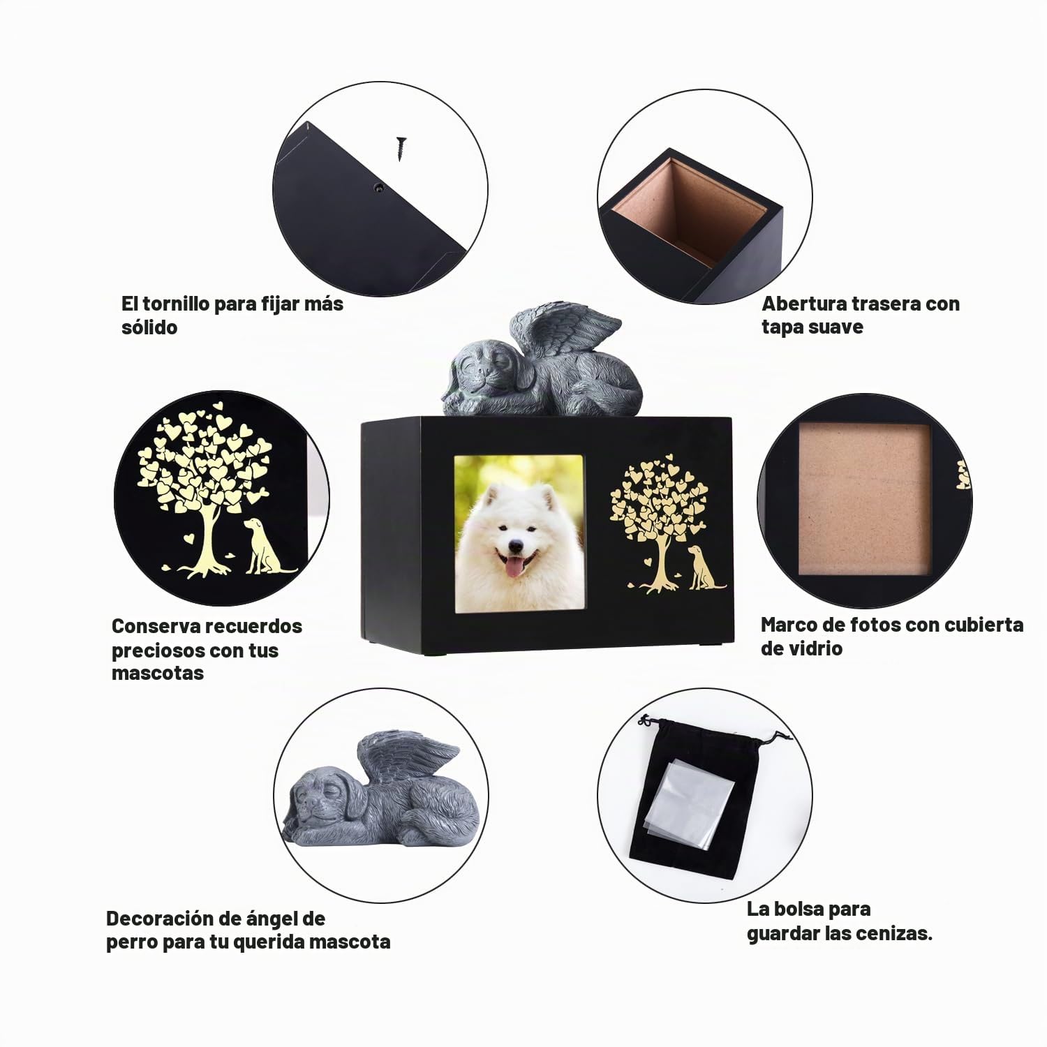 Urnas de cenizas para mascotas para memorial de perros, Urnas de cremación funerarias grandes de madera con marco para fotos, caja conmemorativa de recuerdo con forro de franela negra, regalo