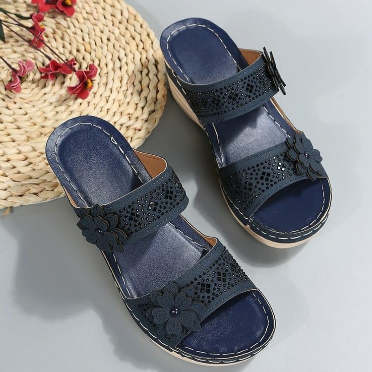 ZQW Women's Affordable Mid Wedge Heeled Sandals Open Toe Lightweight Floral Summer Slides Comfortable Casual Beach Shoes3