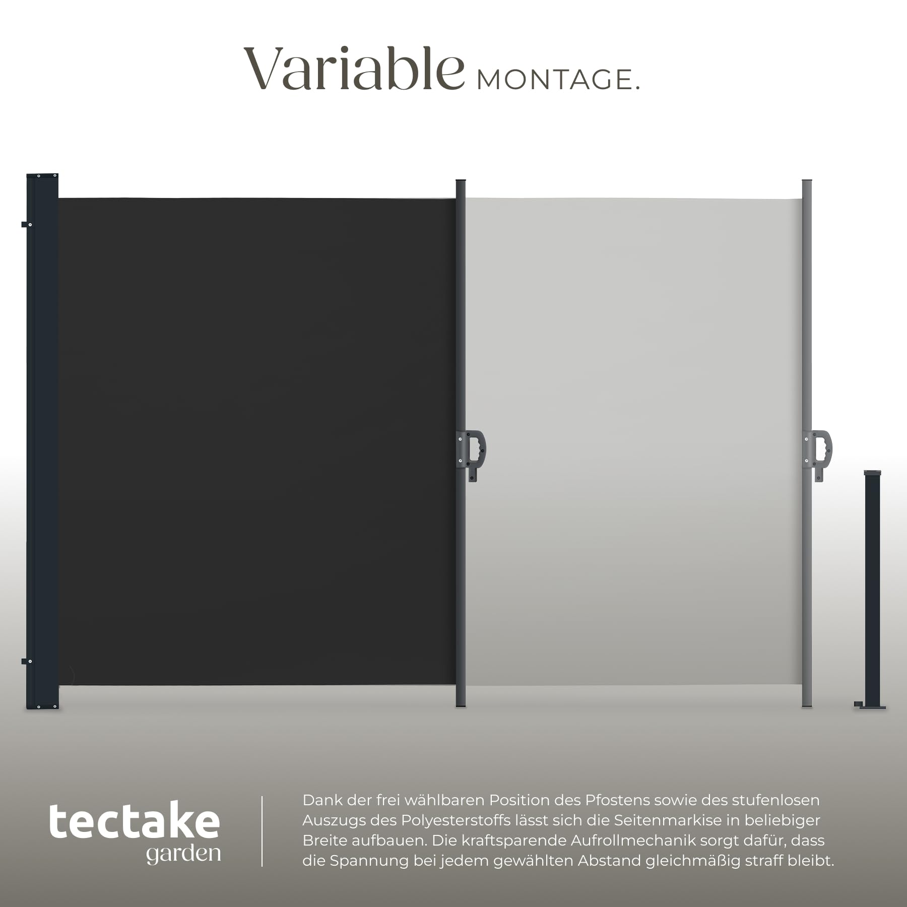 tectake® ausziehbare Seitenmarkise, 180 x 300 cm, wetterfest, Blickdicht, mit Aufrollmechanismus, Schutz vor Sonne und Wind, Seitenbeschattung, Seitensonnenschutz, Seitensichtschutz - schwarz