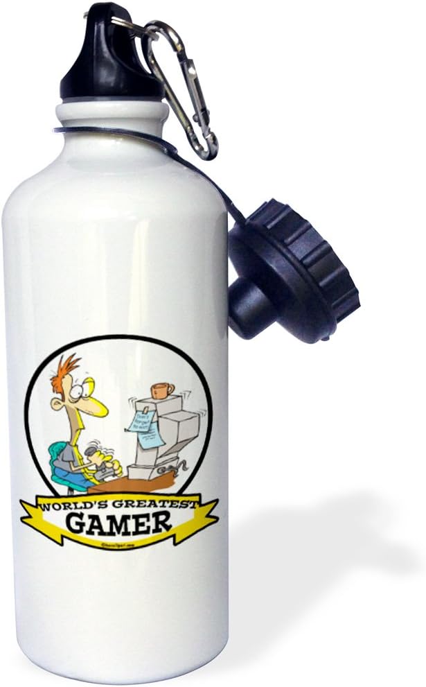 3dRose Funny Worlds Greatest Pc Gamer Cartoon Sports Water Bottle, 21 oz, White