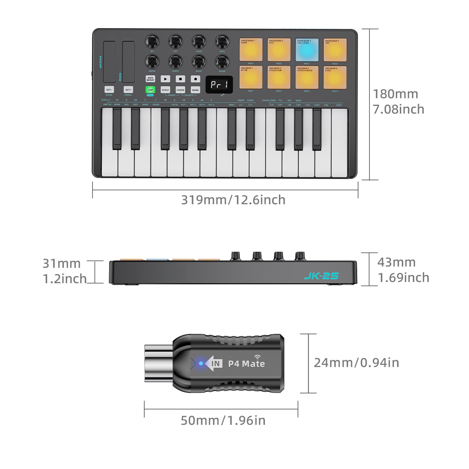 Asixxsix Tastiera controller, mini tastiera MIDI professionale a 25 tasti con 2 opzioni di connettività e 8 pad per batteria retroilluminati (BLACK)