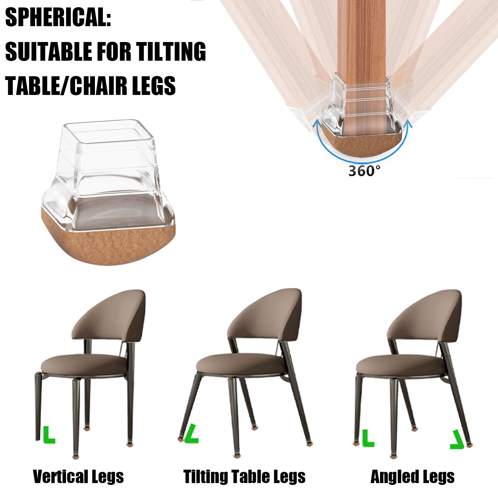 16PCS Chair Leg Floor Protectors Square 0.59-0.75 inch, Small Silicone Chair Leg Covers Caps with Felt Pads - Image 2
